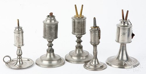 FIVE PEWTER WHALE OIL LAMPS, 19TH