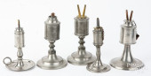 FIVE PEWTER WHALE OIL LAMPS, 1