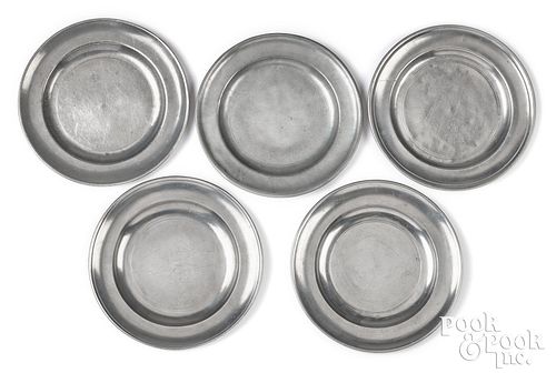 FIVE PHILADELPHIA PEWTER PLATES,