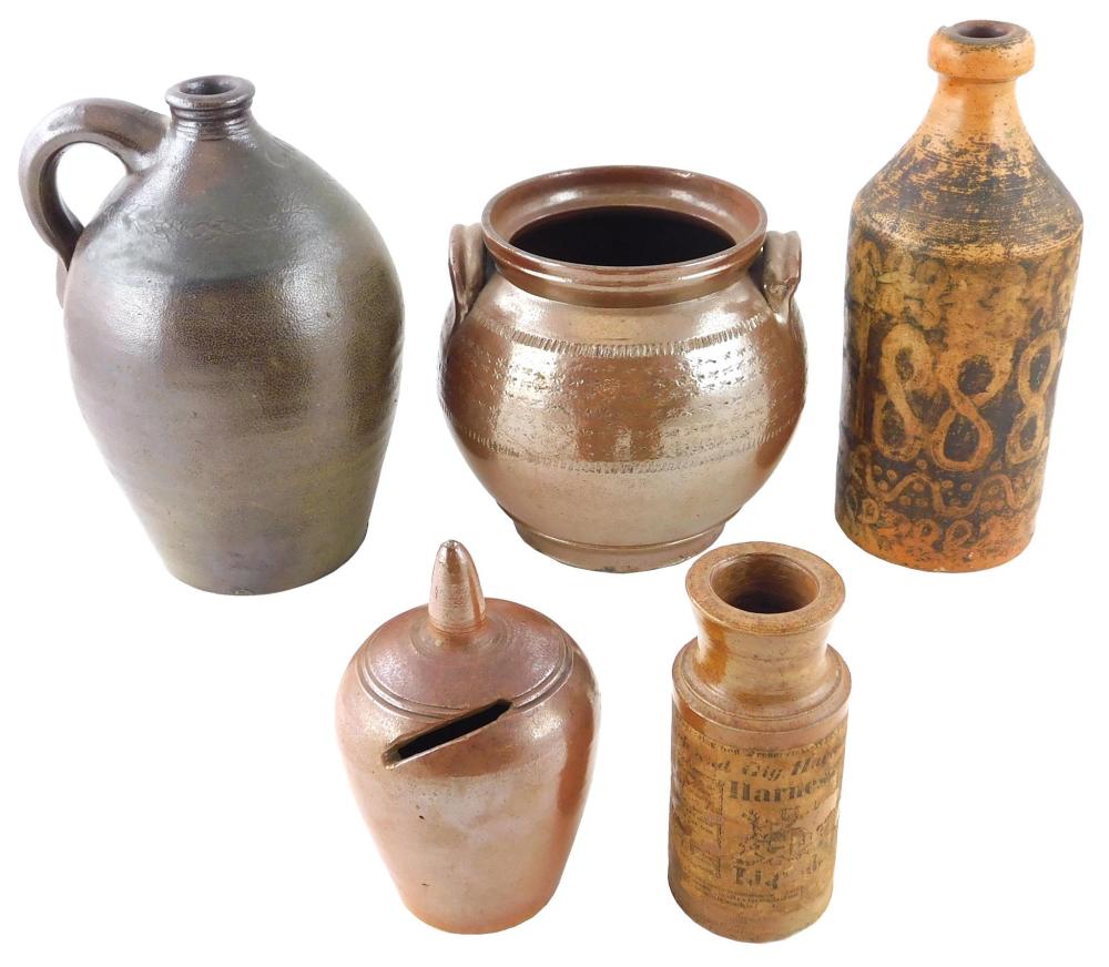 FIVE PIECES 19TH C. STONEWARE: