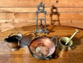 Five pieces: brass mortar and