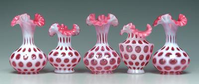 Five pieces cranberry glass,