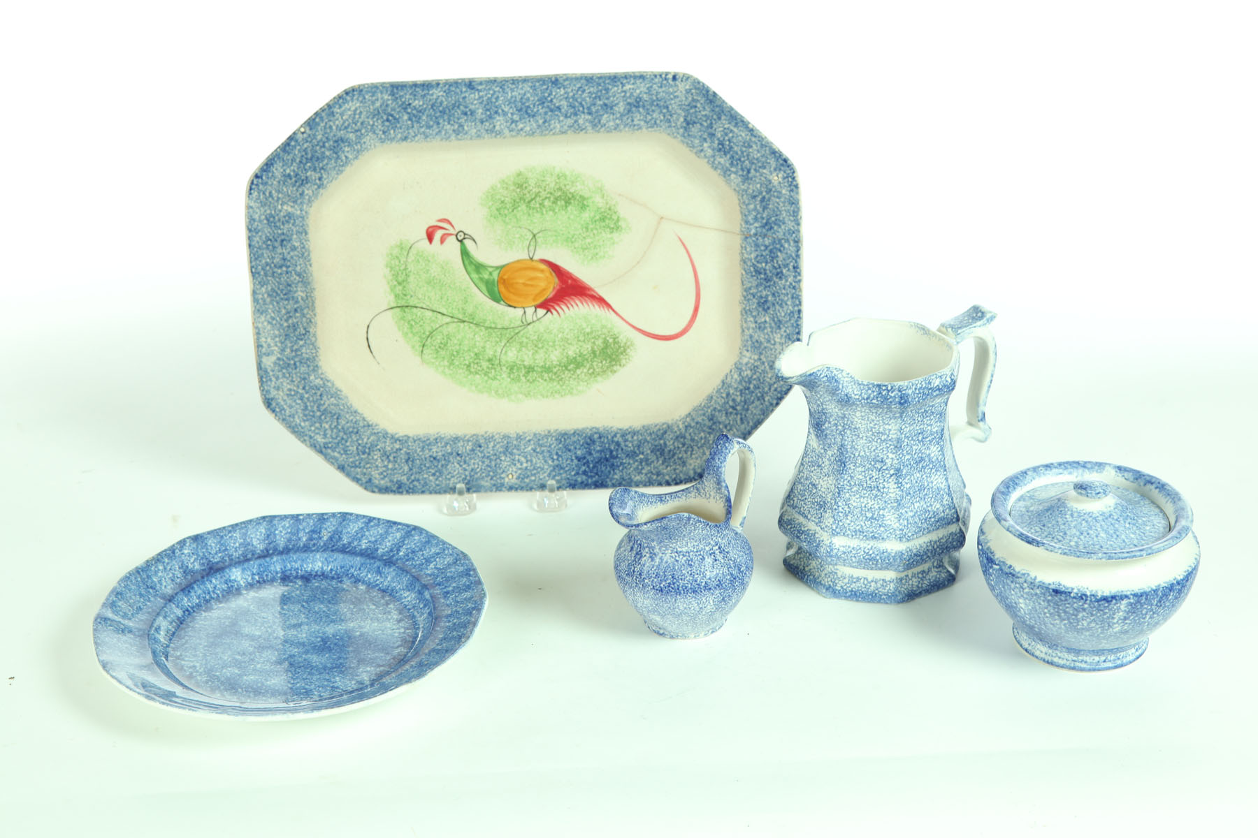 FIVE PIECES OF BLUE SPATTERWARE. 