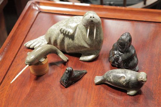 FIVE PIECES OF CARVED SOAPSTONE.