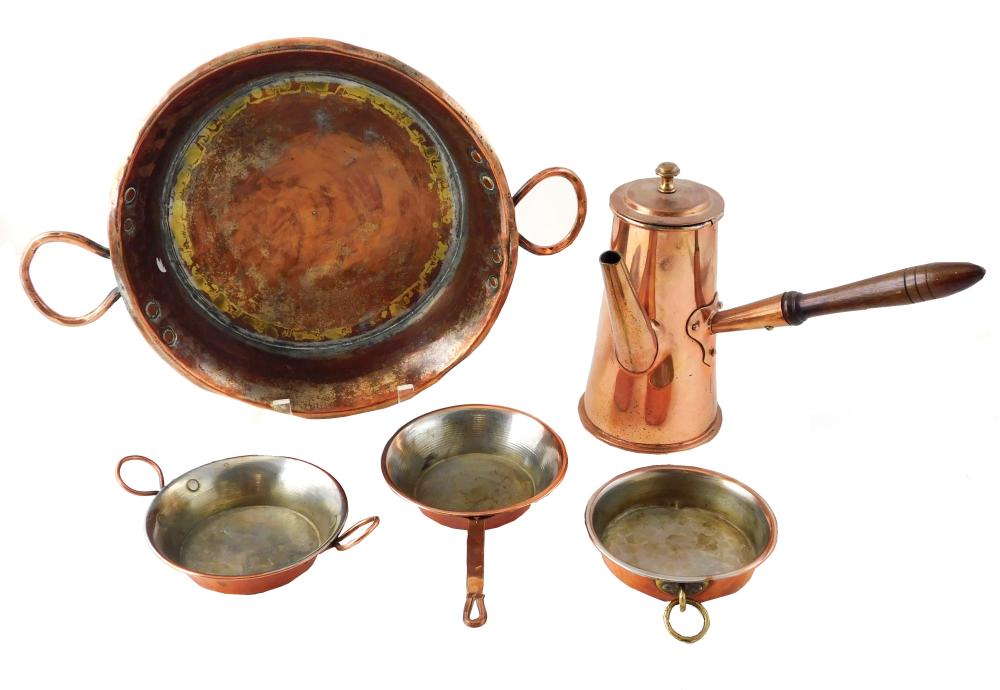 FIVE PIECES OF COPPER COOKWARE