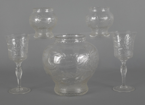Five pieces of etched clear glass