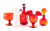 FIVE PIECES OF RED BLENKO GLAS