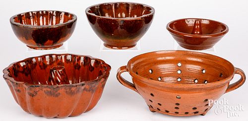 FIVE PIECES OF REDWARE, 19TH C.Five