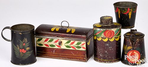 FIVE PIECES OF TOLEWARE, 19TH