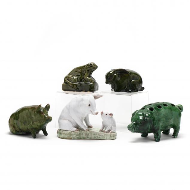 FIVE POTTERY ANIMAL FIGURES Two