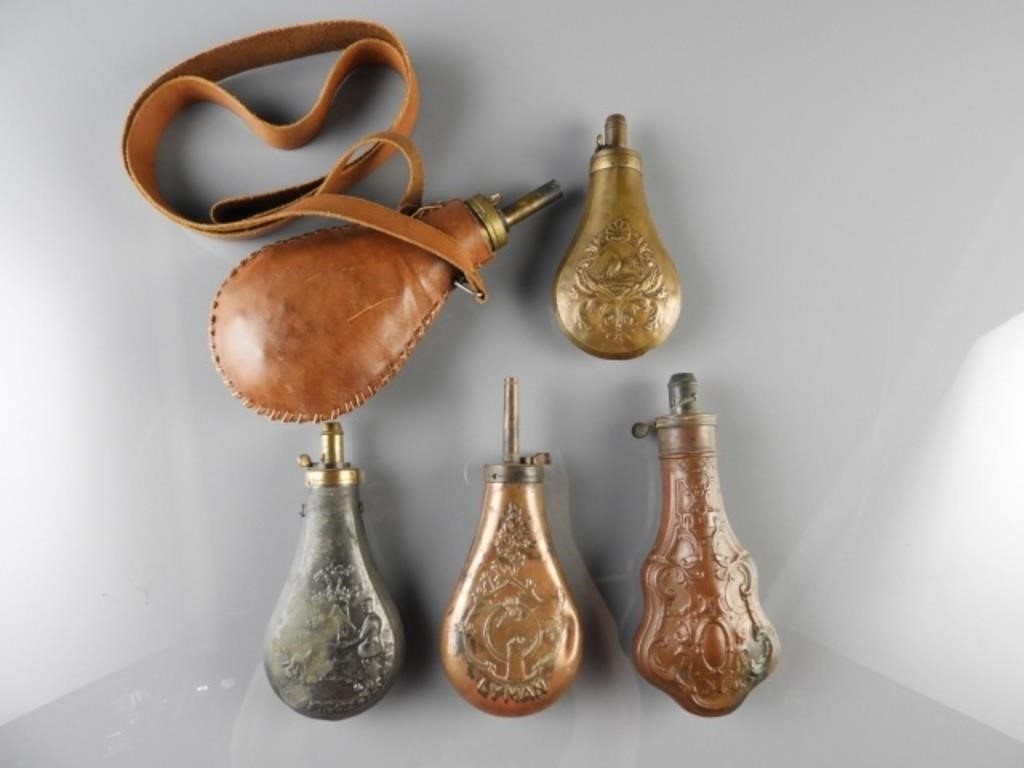 FIVE POWDER FLASKSFour flasks are