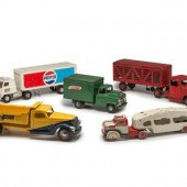 Five Pressed Metal Toy Trucks