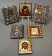 FIVE PRINTED RUSSIAN ICONS WIT