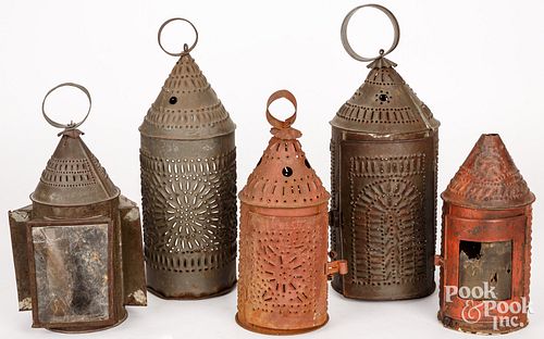 FIVE PUNCHED TIN LANTERNS, 19TH