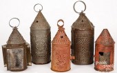 FIVE PUNCHED TIN LANTERNS, 19T