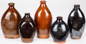 FIVE REDWARE BOTTLES/FLASKS, 1
