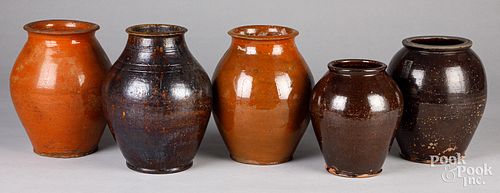 FIVE REDWARE CROCKS, 19TH C.Five