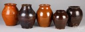 FIVE REDWARE CROCKS, 19TH C.Fi