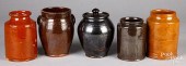 FIVE REDWARE CROCKS, 19TH C.Fi