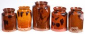 FIVE REDWARE CROCKS, 19TH C.Fi