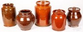 FIVE REDWARE CROCKS, 19TH C.Fi