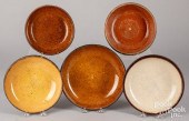 FIVE REDWARE PLATES AND SHALLO