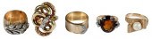 FIVE RETRO GOLD GEMSTONE RINGS