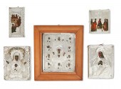 FIVE RUSSIAN ICONS WITH SILVER