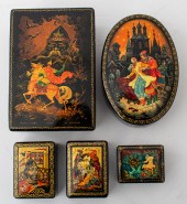 FIVE RUSSIAN LACQUER BOXES, KH