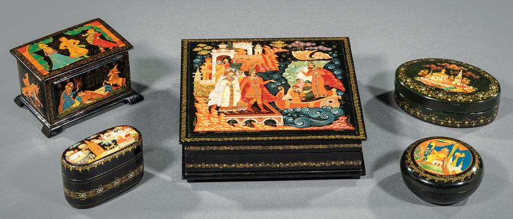 FIVE RUSSIAN LACQUERED BOXESFive