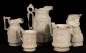 Five saltware jugs, decorated