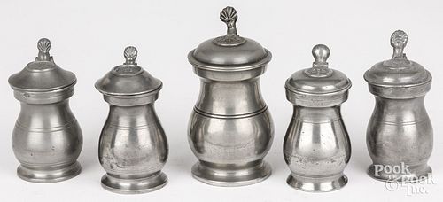 FIVE SCOTTISH PEWTER GILL AND