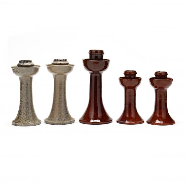 FIVE SEAGROVE POTTERY CANDLESTICKS,