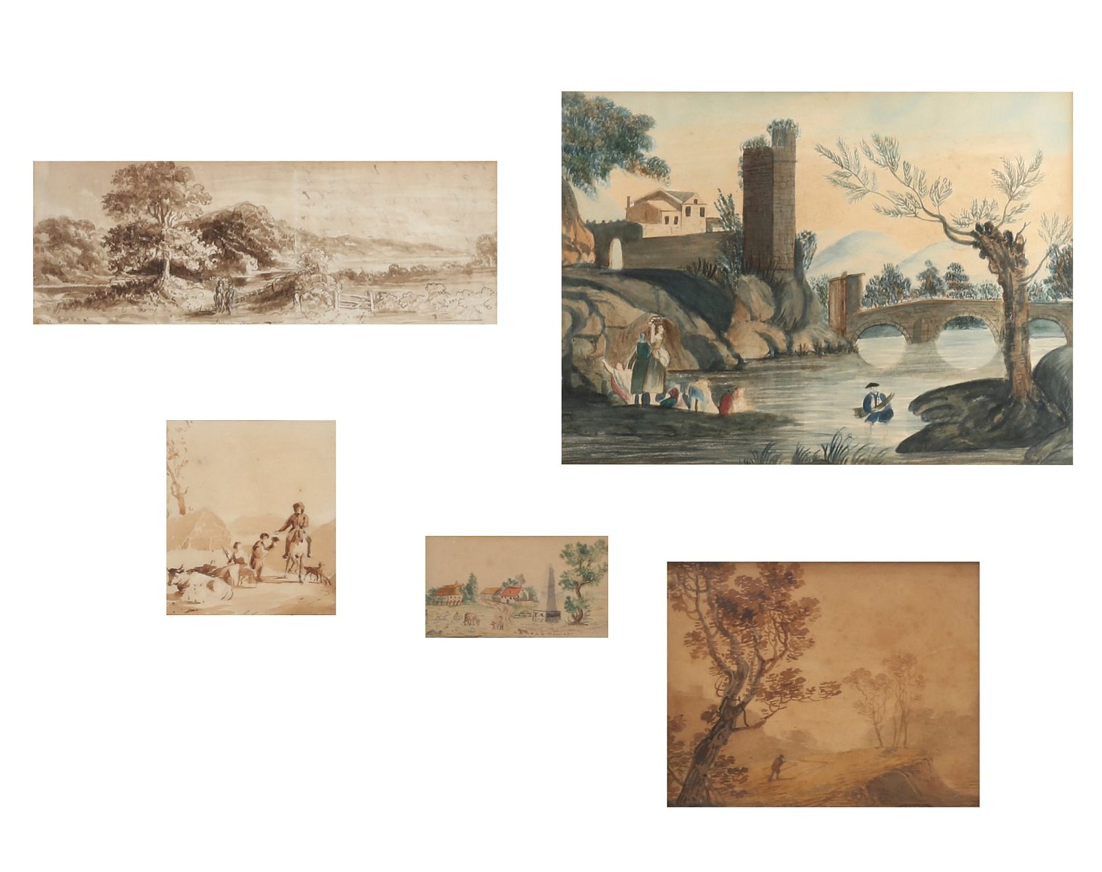 FIVE SEPIA AND WATERCOLOR