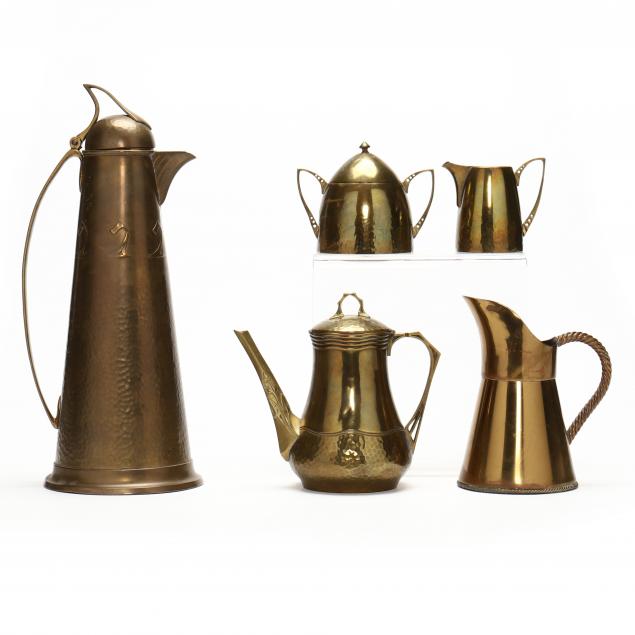 FIVE SIGNED ART NOUVEAU BRASS