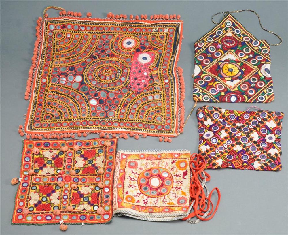 FIVE SILK EMBROIDERED AND MIRROR