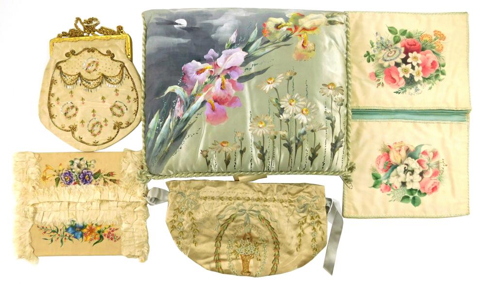 FIVE SILK PIECES: TWO PURSES, C.