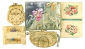 FIVE SILK PIECES: TWO PURSES,