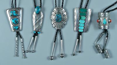 Five silver and turquoise bolo