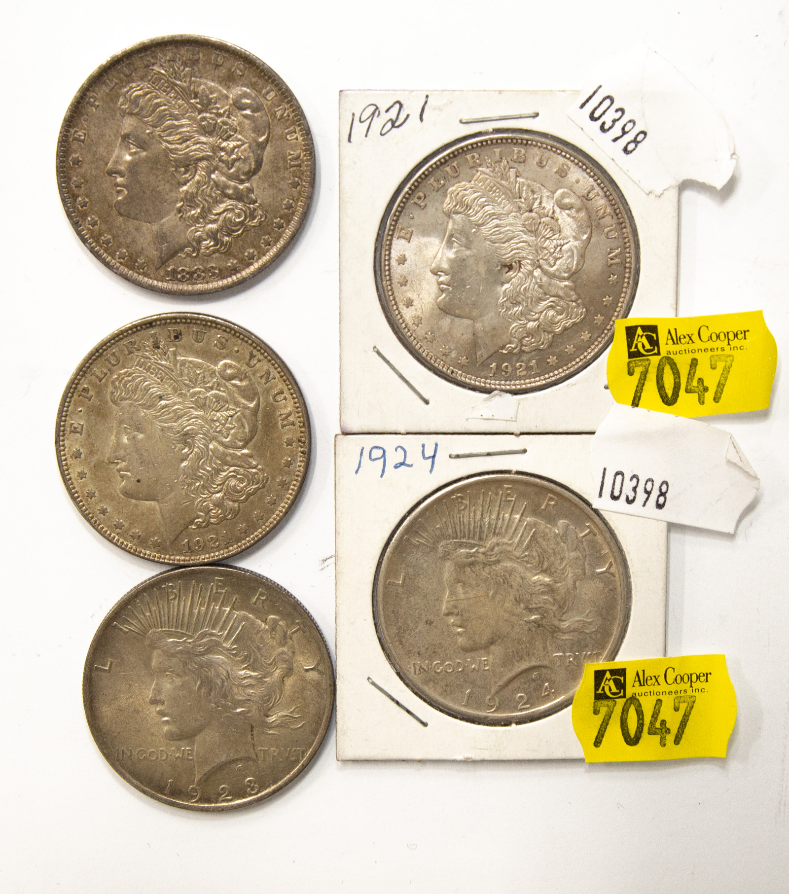 FIVE SILVER DOLLARS 1883 XF45,