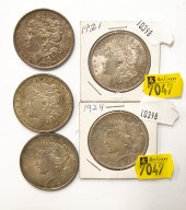 FIVE SILVER DOLLARS 1883 XF45,