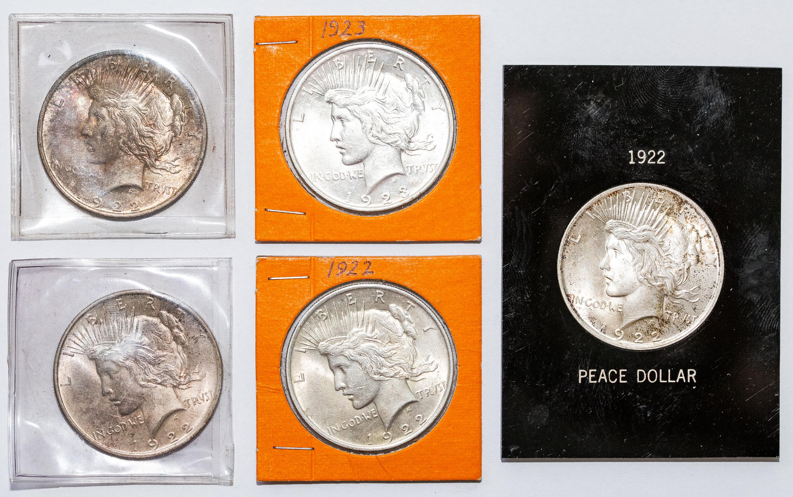 FIVE SILVER PEACE DOLLARS 1922 CH