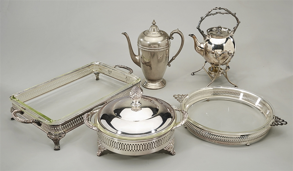 Five silver plate and pyrex serving