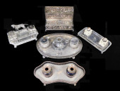 FIVE SILVER PLATE INKWELL STAN