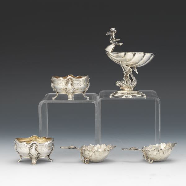 FIVE SILVER SALT CELLARS  Two by J.