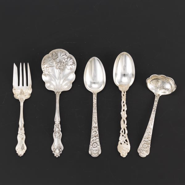 FIVE SILVER SERVING UTENSILS 