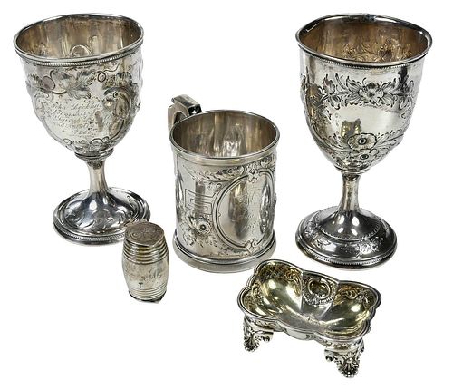 FIVE SILVER TABLE ITEMS, SOME