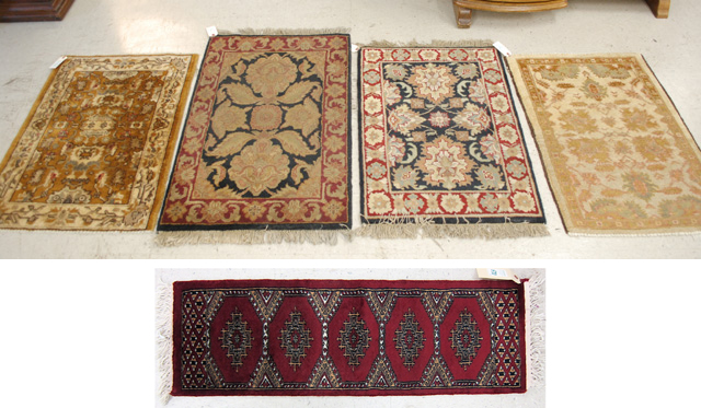 FIVE SMALL ORIENTAL AREA RUGS: