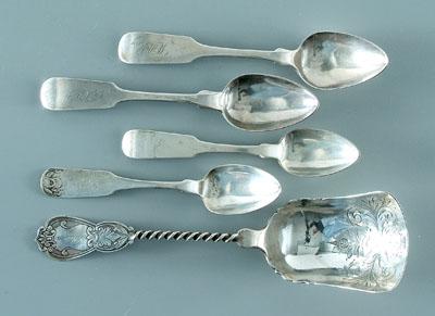 Five Southern coin silver spoons: