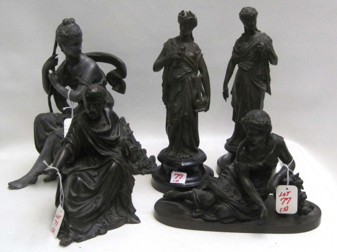 FIVE SPELTER FIGURES: man seated